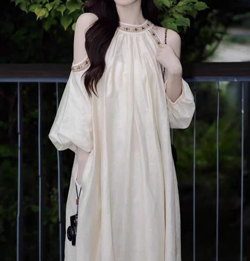 白スカート 優美なるふんわり長丈ワンピース