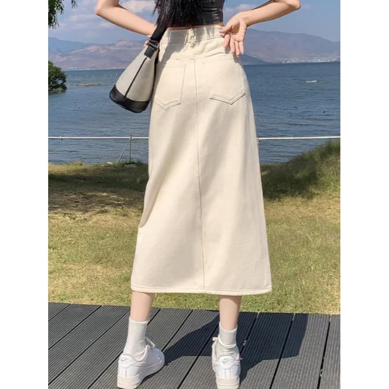 白スカート 夏向け涼やかスリット入り台形スカート