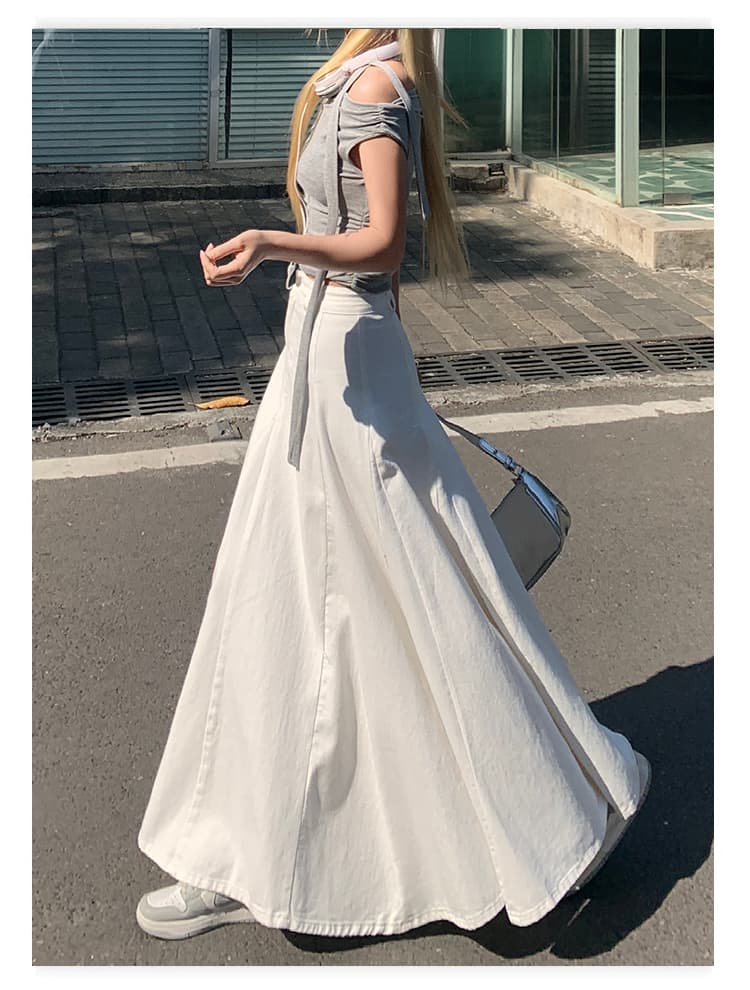 白スカート フレアロングデニムスカート