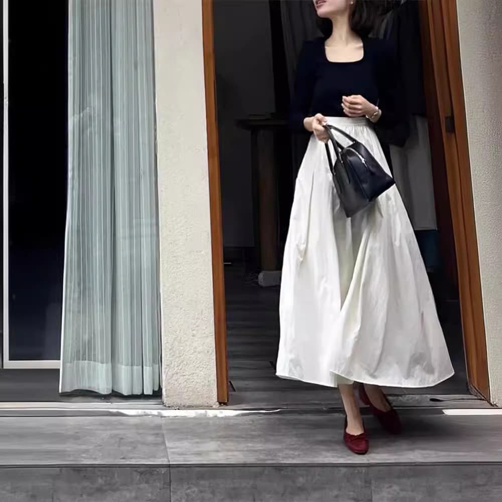 白スカート ゆったりロング丈マキシフレアスカート