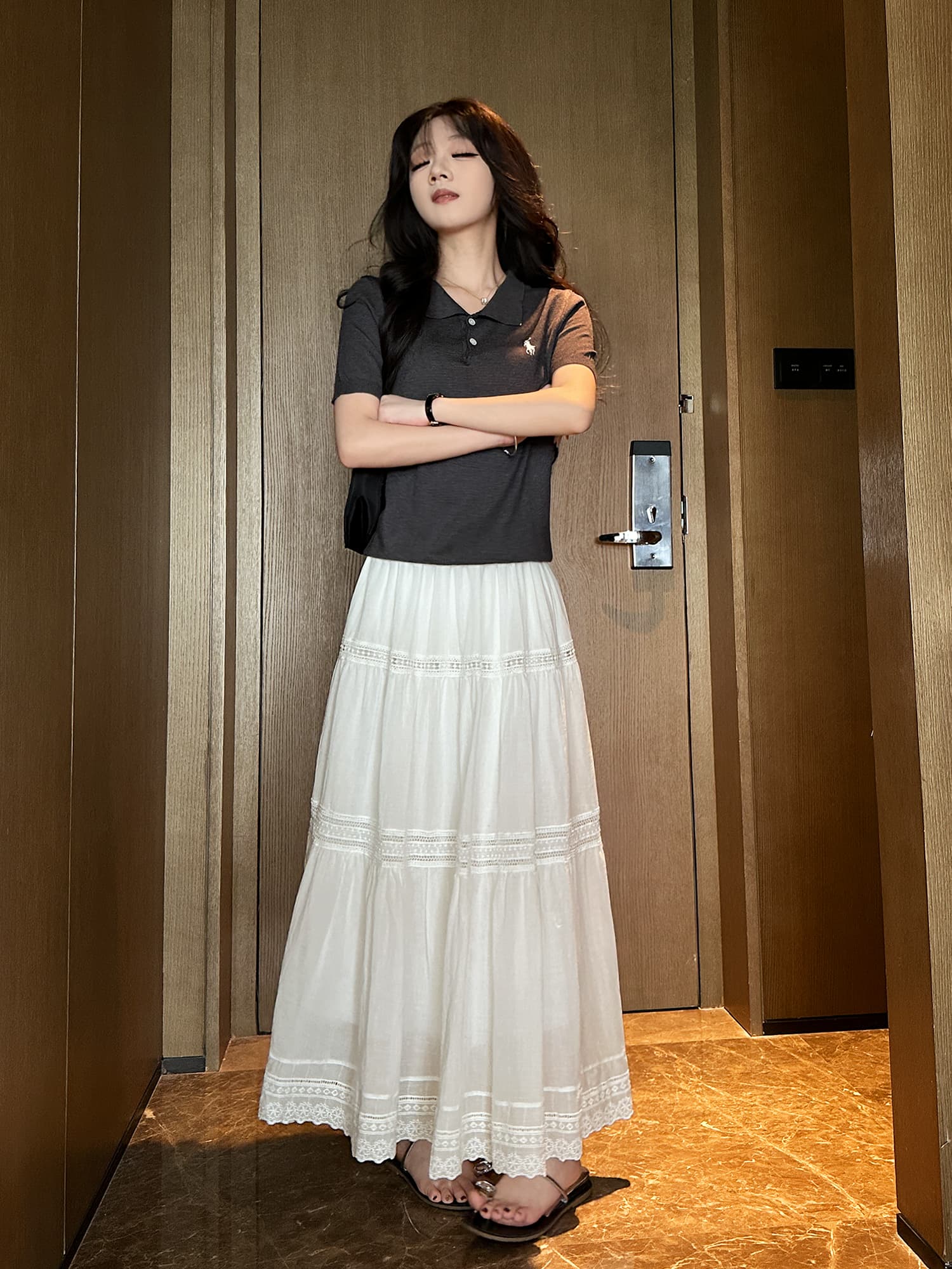 白スカート ティアードレース プリーツロング