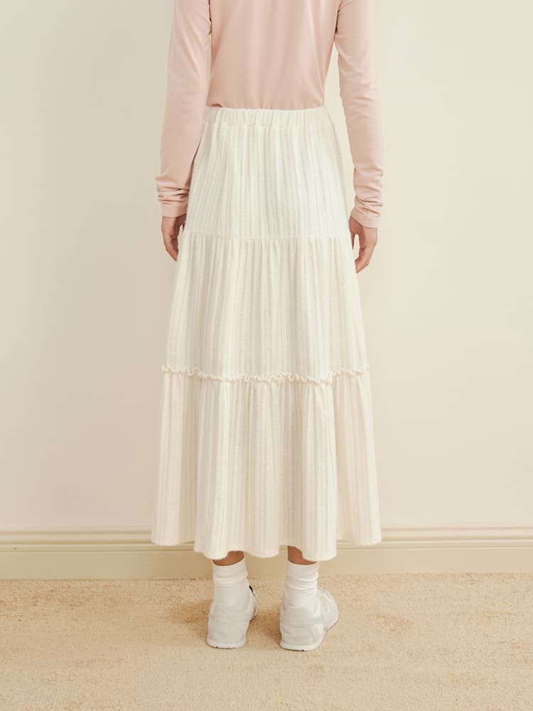 白スカート ティアードフリルプリーツロングスカート