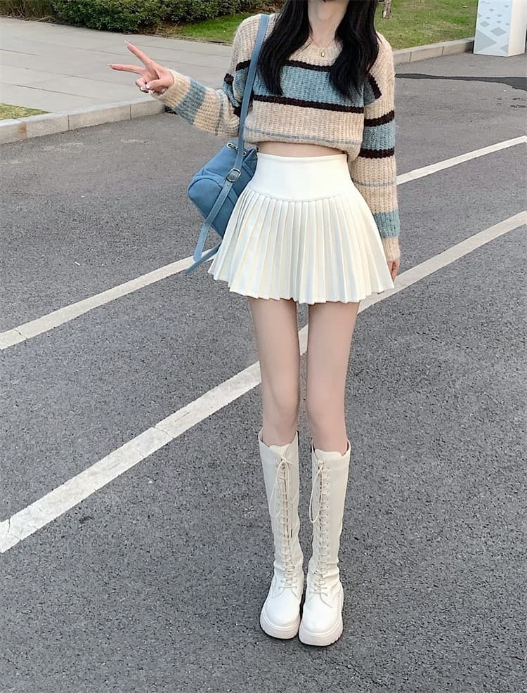 白スカート ハイウエスト細プリーツミニスカート