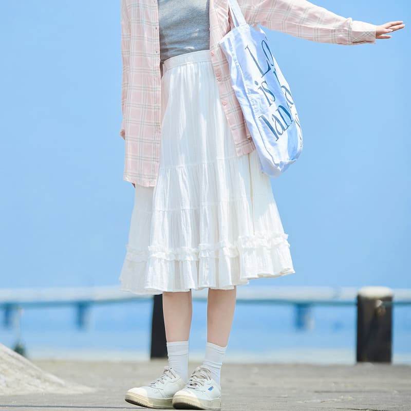 白スカート ティアードフリルロングスカート