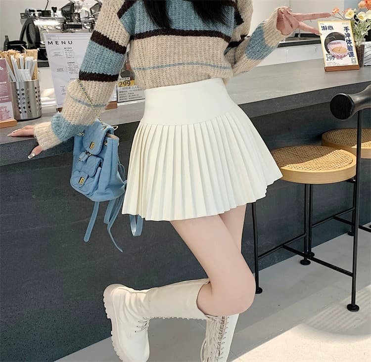 白スカート ハイウエスト細プリーツミニスカート