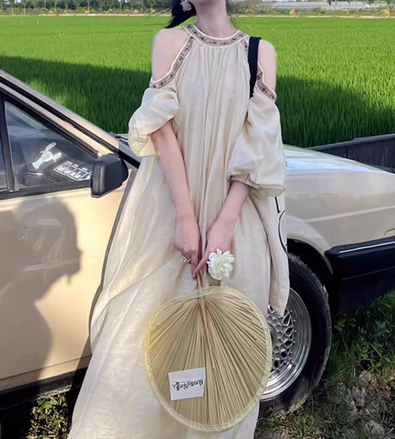 白スカート 優美なるふんわり長丈ワンピース