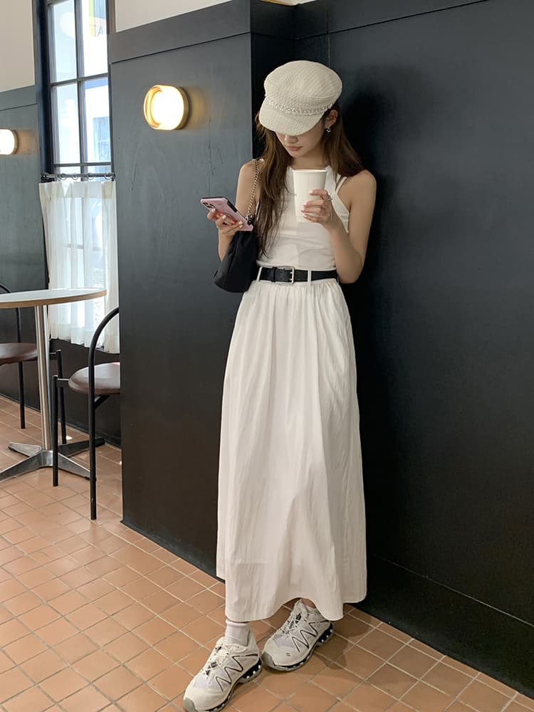 白スカート 韓国風上品ロングスカート白色大人可愛い