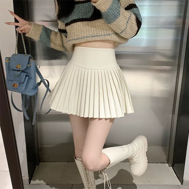白スカート ハイウエスト細プリーツミニスカート