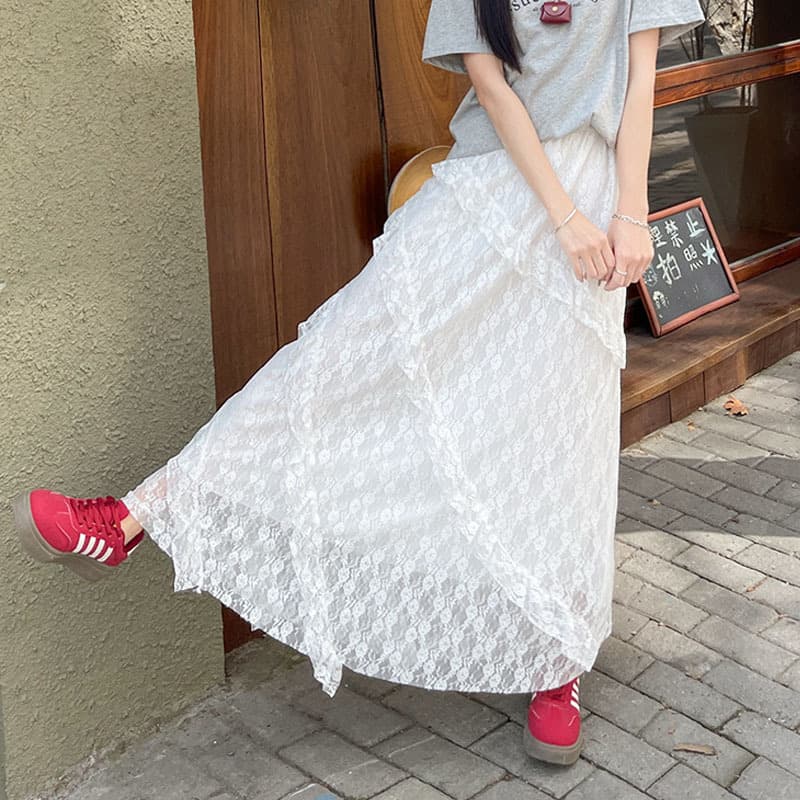 白スカート レース重ね花びらフレアスカート