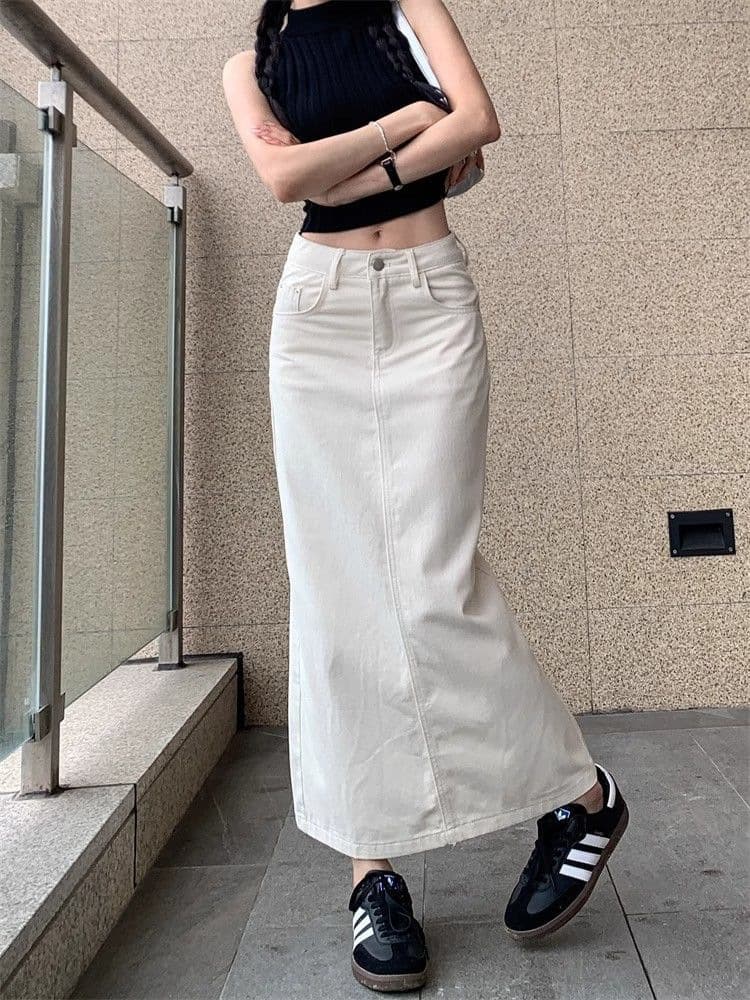 白スカート すっきりシルエットマキシスカート