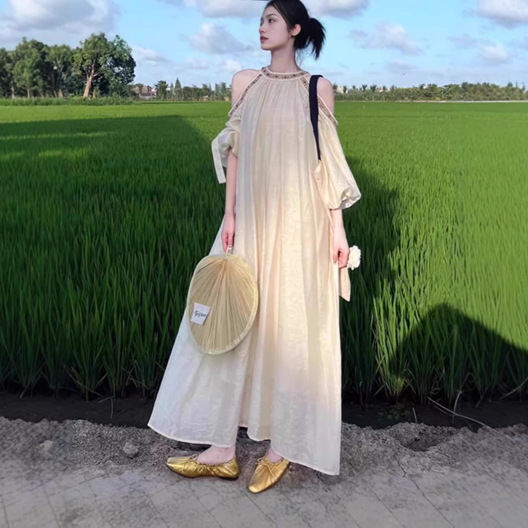 白スカート 優美なるふんわり長丈ワンピース