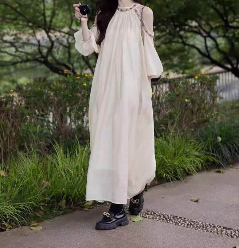 白スカート 優美なるふんわり長丈ワンピース