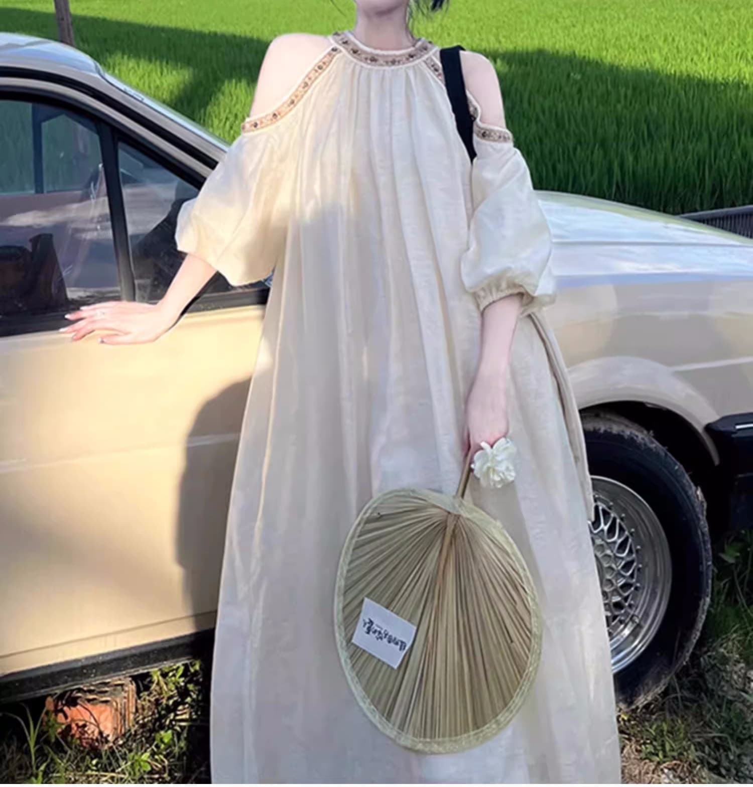 白スカート 優美なるふんわり長丈ワンピース