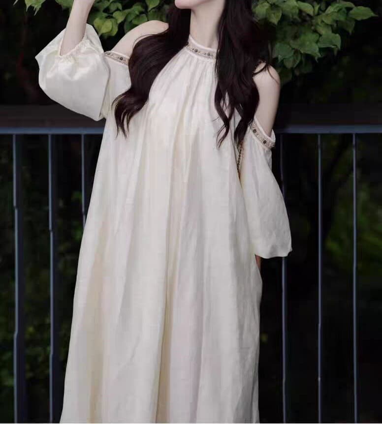 白スカート 優美なるふんわり長丈ワンピース