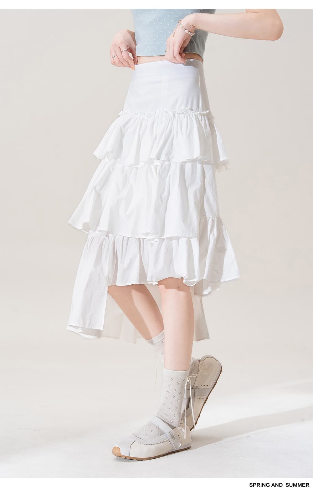 白スカート 三段フリル非対称プリーツスカート