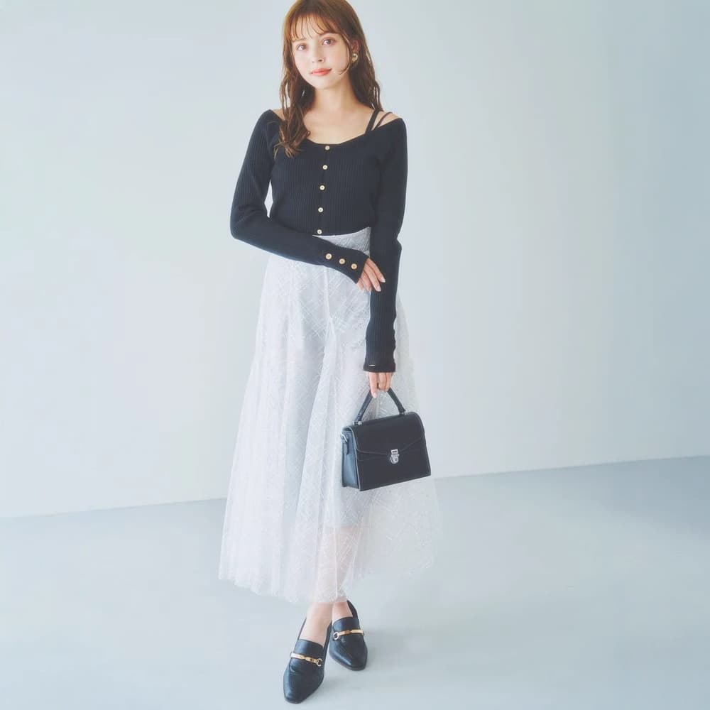 白スカート きらめき格子柄チュールスカート