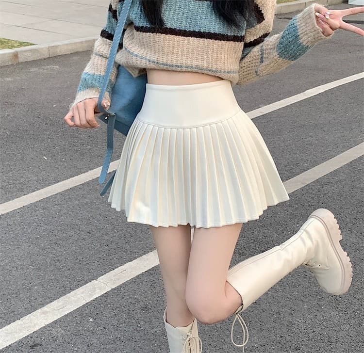 白スカート ハイウエスト細プリーツミニスカート