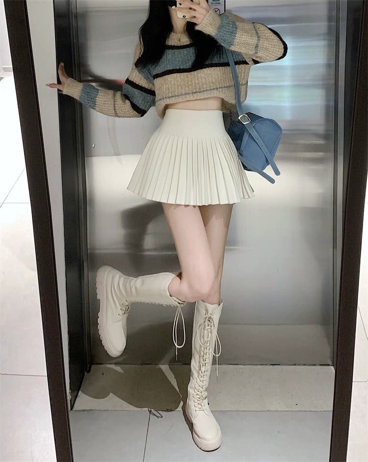 白スカート ハイウエスト細プリーツミニスカート