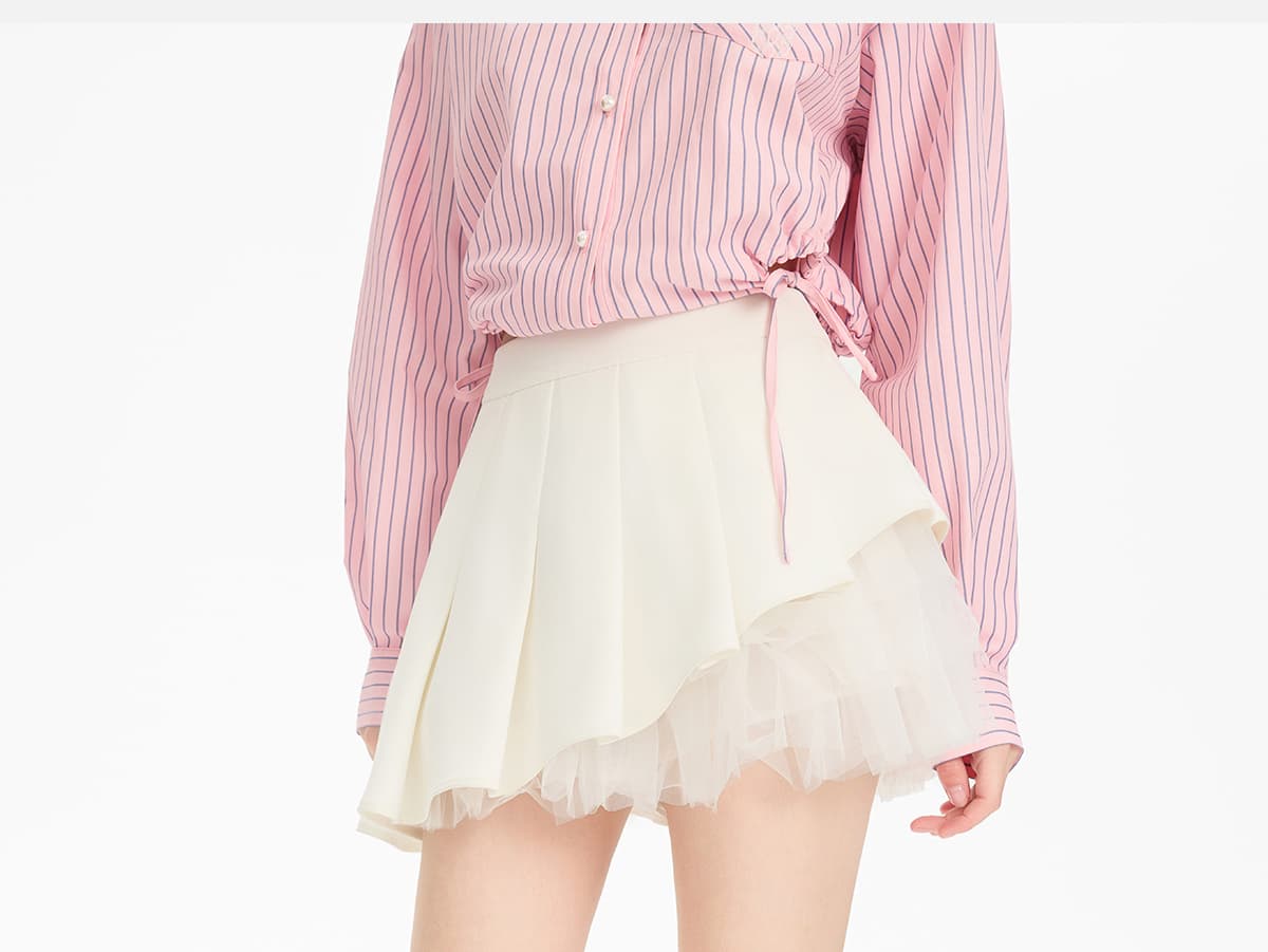 白スカート プリーツふんわりチュールレイヤードスカート