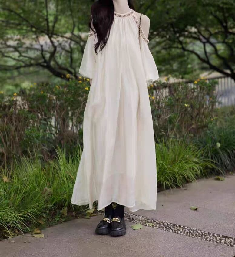 白スカート 優美なるふんわり長丈ワンピース