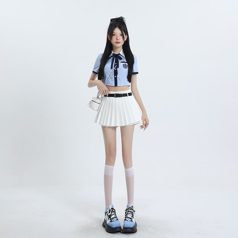 白スカート ベルト付きプリーツミニスカート