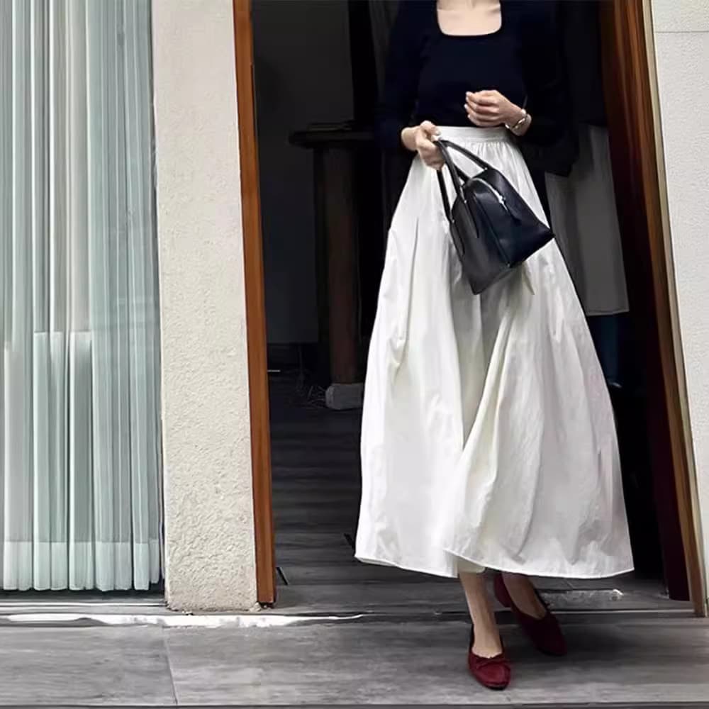 白スカート ゆったりロング丈マキシフレアスカート