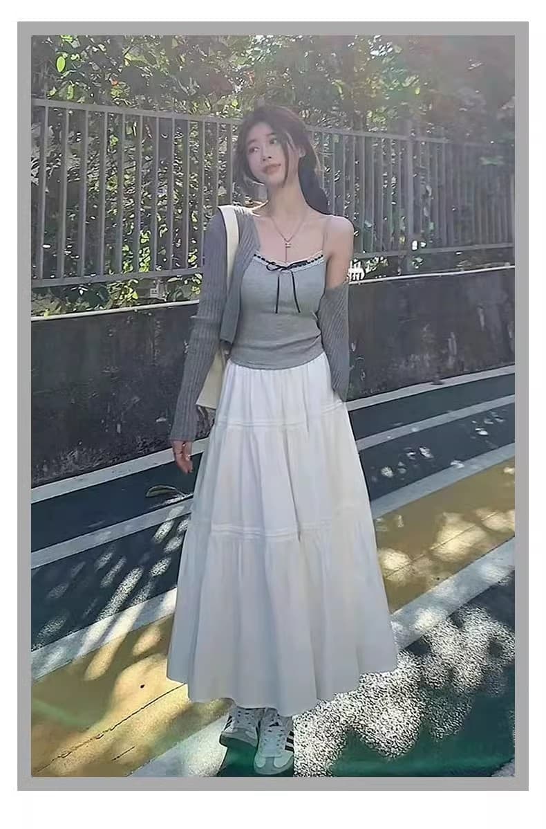白スカート ティアードマキシ揺れ感ロングスカート