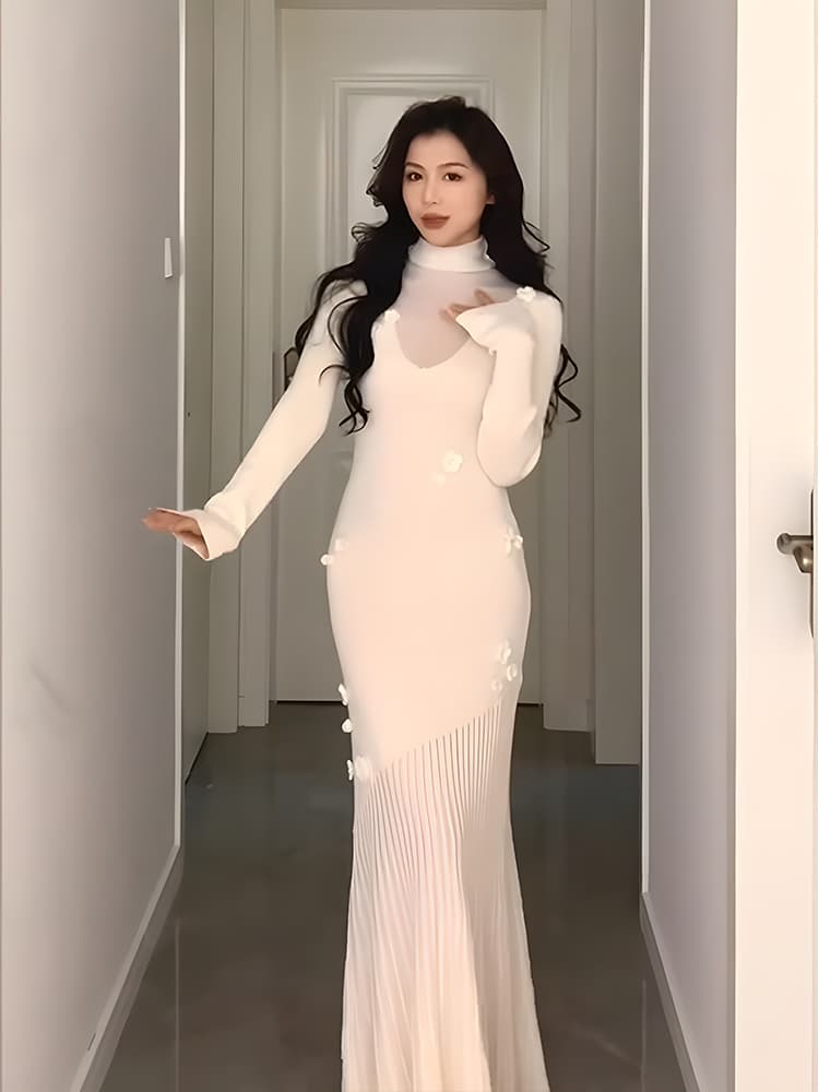 白スカート 優美なプリーツマーメイドワンピース