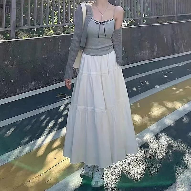 白スカート ティアードマキシ揺れ感ロングスカート