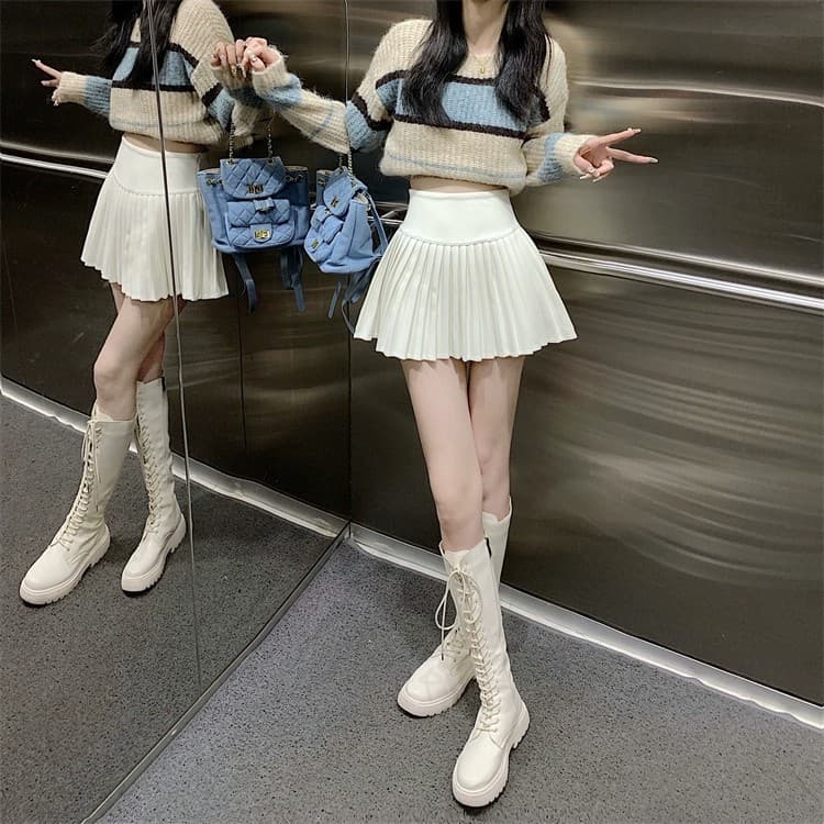 白スカート ハイウエスト細プリーツミニスカート
