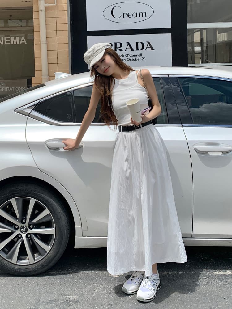 白スカート 韓国風上品ロングスカート白色大人可愛い