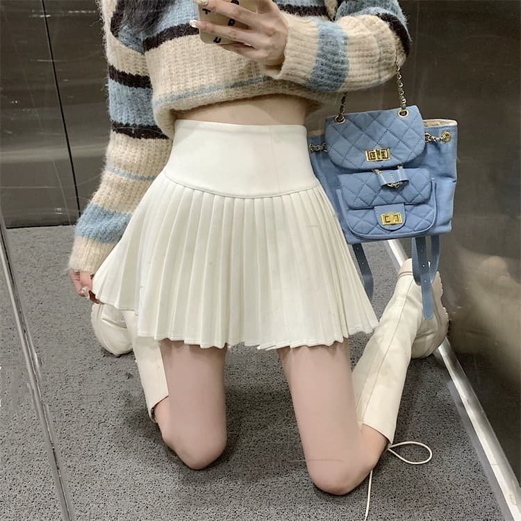 白スカート ハイウエスト細プリーツミニスカート