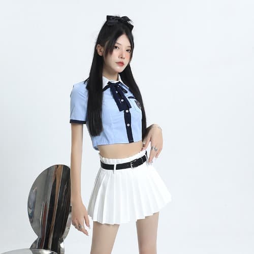 白スカート ベルト付きプリーツミニスカート