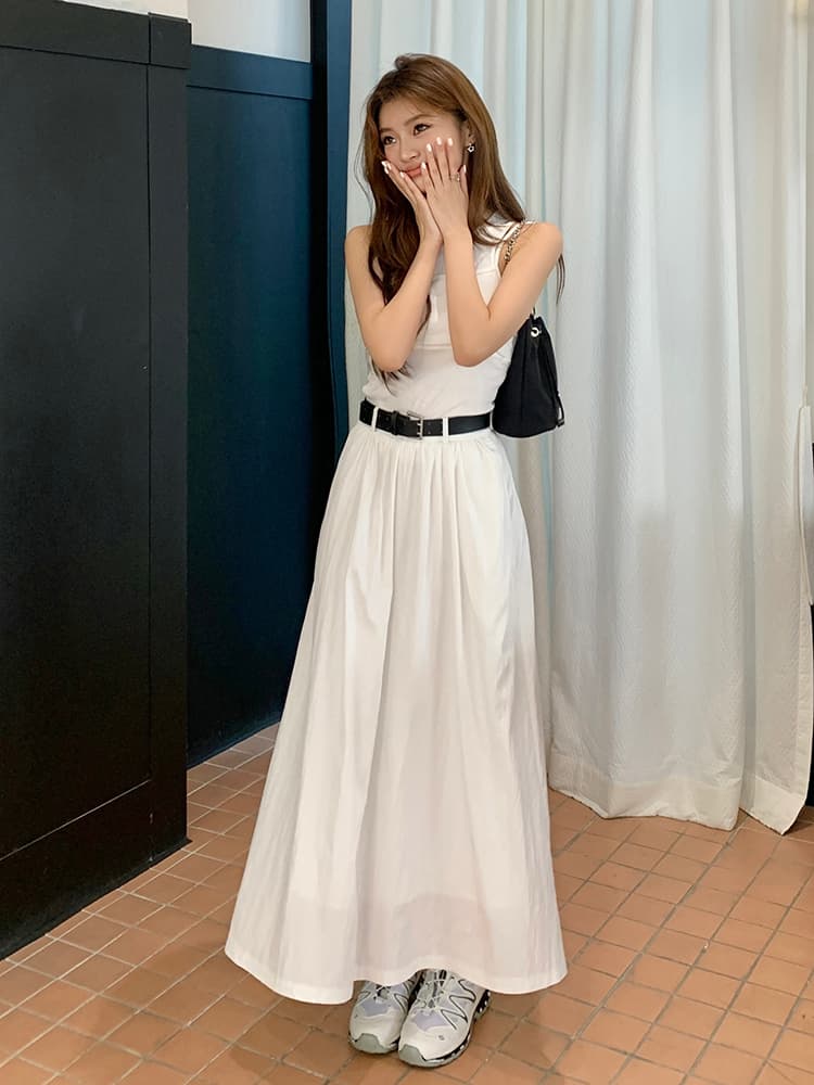 白スカート 韓国風上品ロングスカート白色大人可愛い
