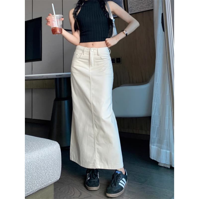白スカート すっきりシルエットマキシスカート